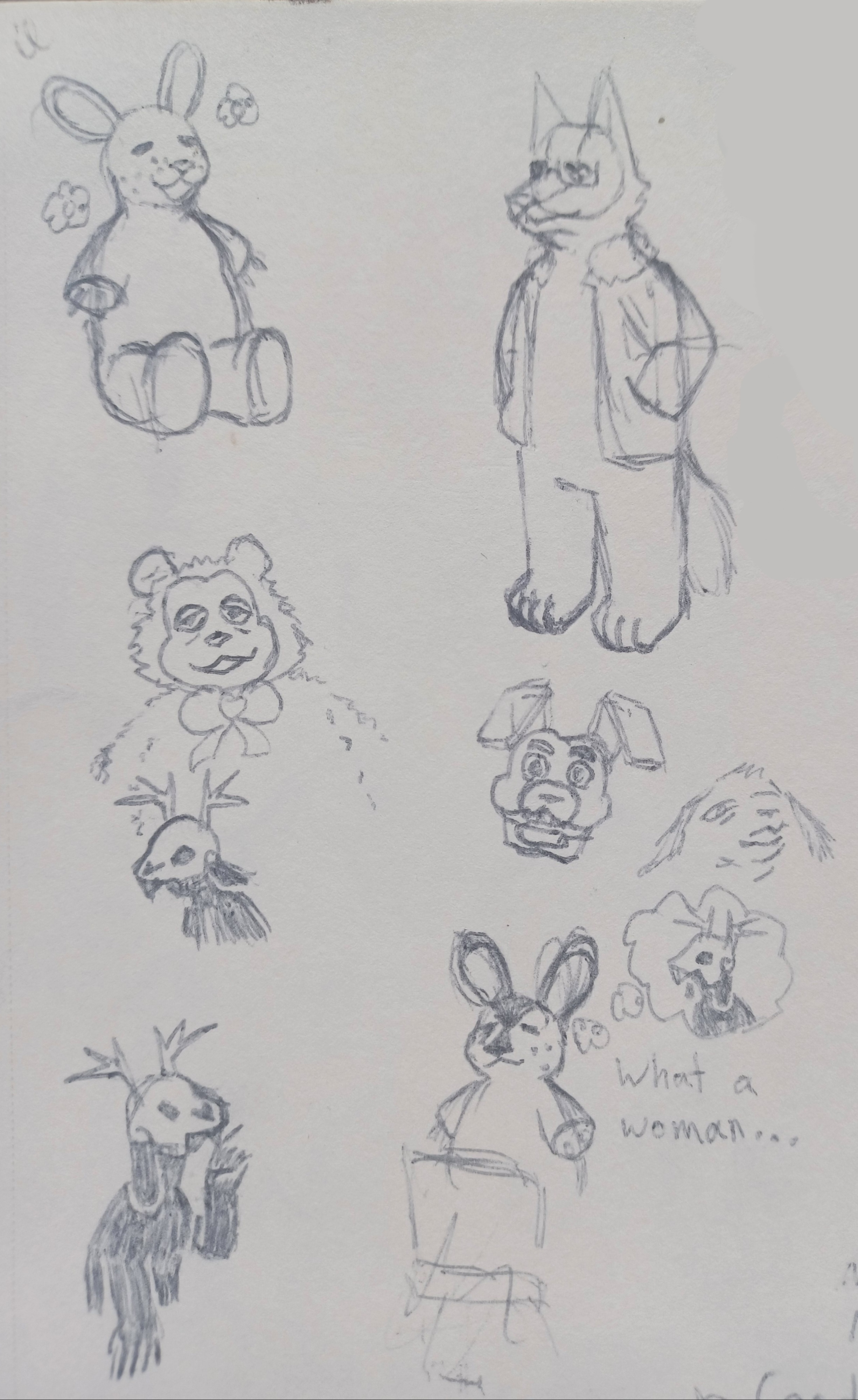 A closeup shot of the previous image. There are various drawings.
    
    The first is of Stumbler, an anthropomorphic rabbit. He has freckles on his face, and both of his arms are missing and have bones sticking out. Stumbler is sitting down and angled towards the right. He has a content expression, with his eyes closed and an opened-mouthed smile. Two flowers are drawn around his head.
    
    The next drawing is of Chief Wulf, an anthropomorphic wolf. He is standing in 3/4 view, looking towards the left. He has a stripe running from his forehead to his nose, and an X through his left eye. Wulf is wearing rectangle glasses with no frames at the top, and an open jacket with a furred collar. He is smiling, and his hands are in his pockets.
    
    The next drawing is a shoulder-up drawing of Hornz. She is a black-furred creature with a deer skull on her head, one that has buck teeth like a rabbit. She has a short, deer-like ear. Her eyes aren't visible behind the black sockets of the skull.
    
    The next drawing is of Hornz, except she has long, floppy ears. Her head is tilted up, and her pointer finger taps her chin with her palm up in a thinking fashion.
    
    The next drawing is of Stumbler with a thought bubble featuring a drawing of Hornz, with text beneath the thought bubble that reads: What a woman… Hornz has long, floppy ears. Stumbler has a dark marking that leads from his forehead to his nose. It comes down from his forehead in an upside-down triangle, with the point of the triangle ending where his snout begins. The point of a second, smaller triangle begins where the last one ended, and goes to the end of Stumbler's nose.
    
    There are some incidental drawings of non-Shipwrecked 64 art scattered throughout the page.
    
    One of them is of a fuzzy, cartoony bear with half-lidded eyes and a bow around their neck. The next is of an animatronic rabbit's head. The last one is of a weird animal head with long, thin, fuzzy ears looking down, unimpressed, at the viewer.