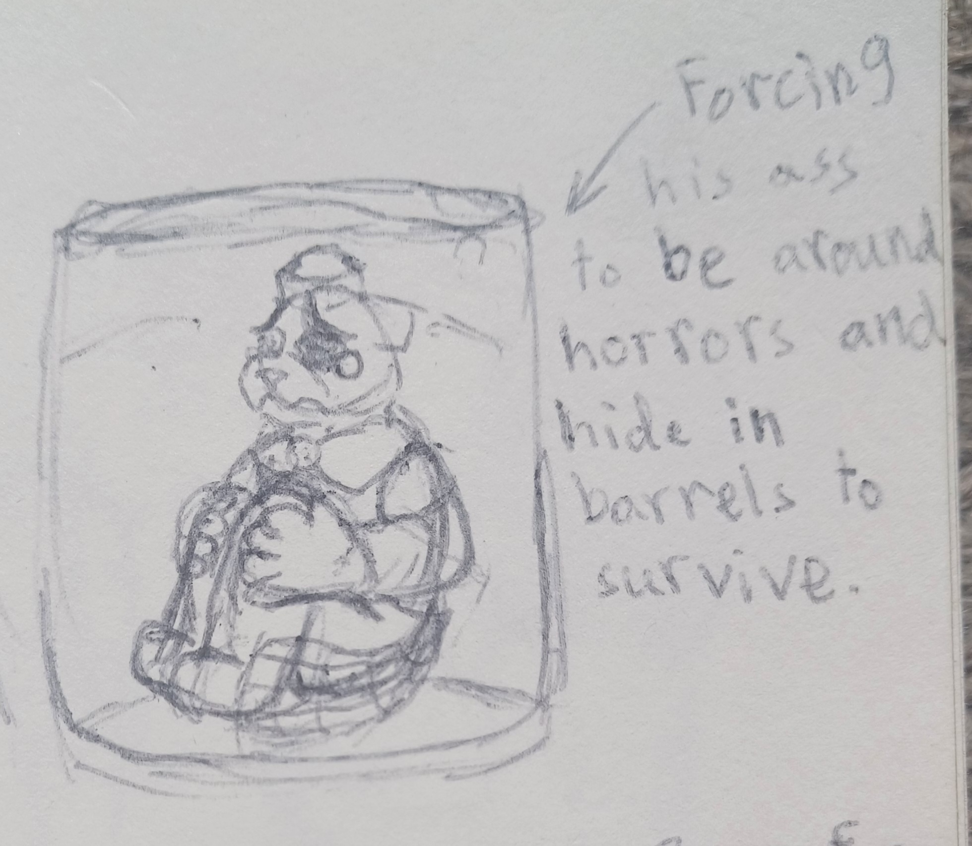 A close up shot of a previous image. It features a drawing of Bucky, an anthropomorphic beaver who wears a sailor's cap and sleeveless sailor's shirt. Bucky is curled up in a barrel, holding his knees which are folded up to his chest. His ears are down, he has a wobbly frown, and teardrops in his eyes. His eyebrows are slanted over his eyes. An arrow points to him that reads: Forcing his ass to be around horrors and hide in barrels to survive.