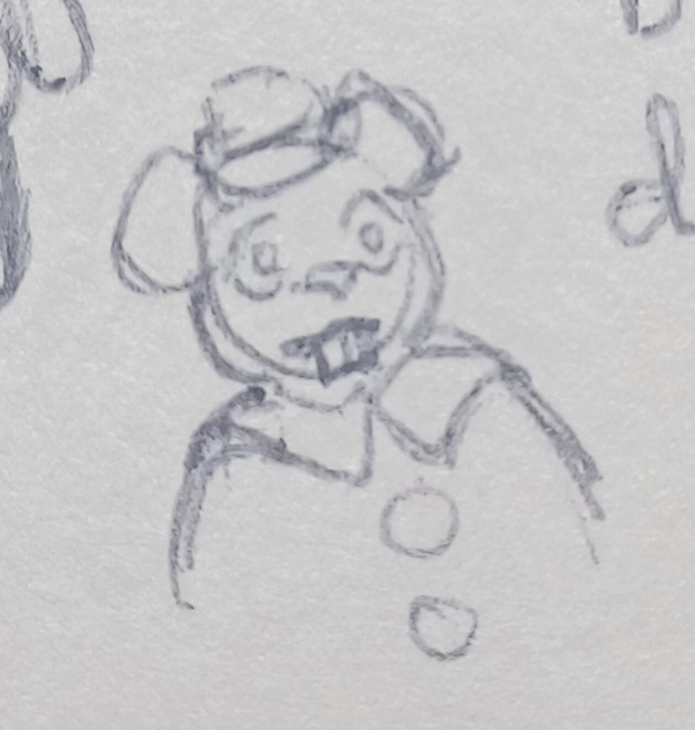 A shoulder-up drawing of Bucky, an anthropomorphic beaver who wears a sailor's cap and sleeveless sailor's shirt. He stares at something out of view with a blank expression.