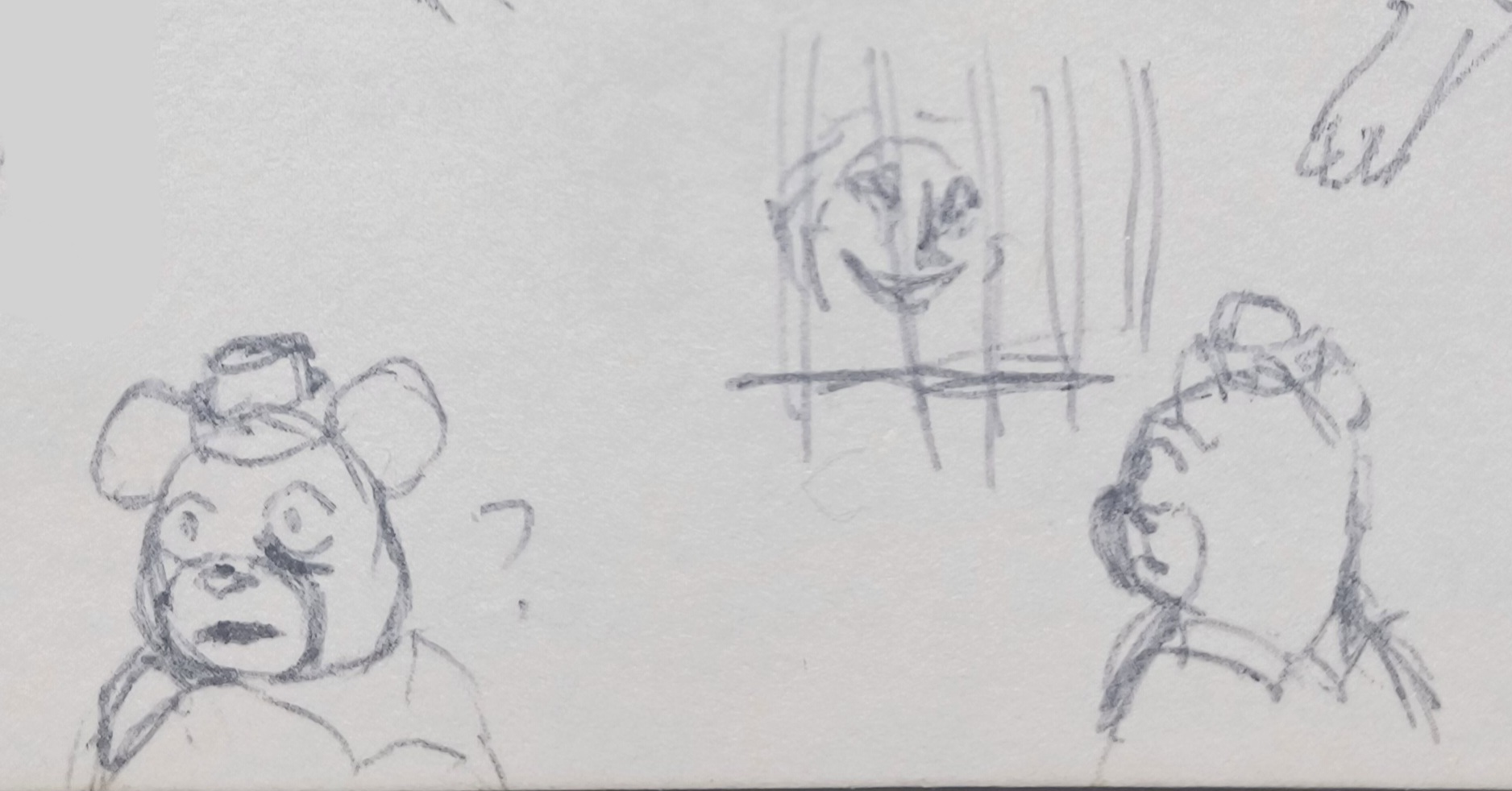 Two drawings of Bucky, an anthropomorphic beaver who wears a sailor's cap and sleeveless sailor's shirt.
    
    The first drawing is a shoulder-up view of Bucky staring at something out-of-view. He has a stress line under his eye, and his mouth is a straight line. There's a question mark next to him.
    
    The second drawing is of Bucky looking past bars into the sky during Walter's level. A strange, smiling face is in the sky, and Bucky looks at it with a slightly stressed, but flat, expression.